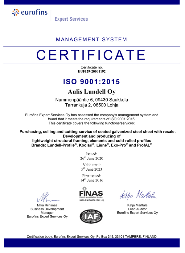 Aulis Lundell Oy certifikat